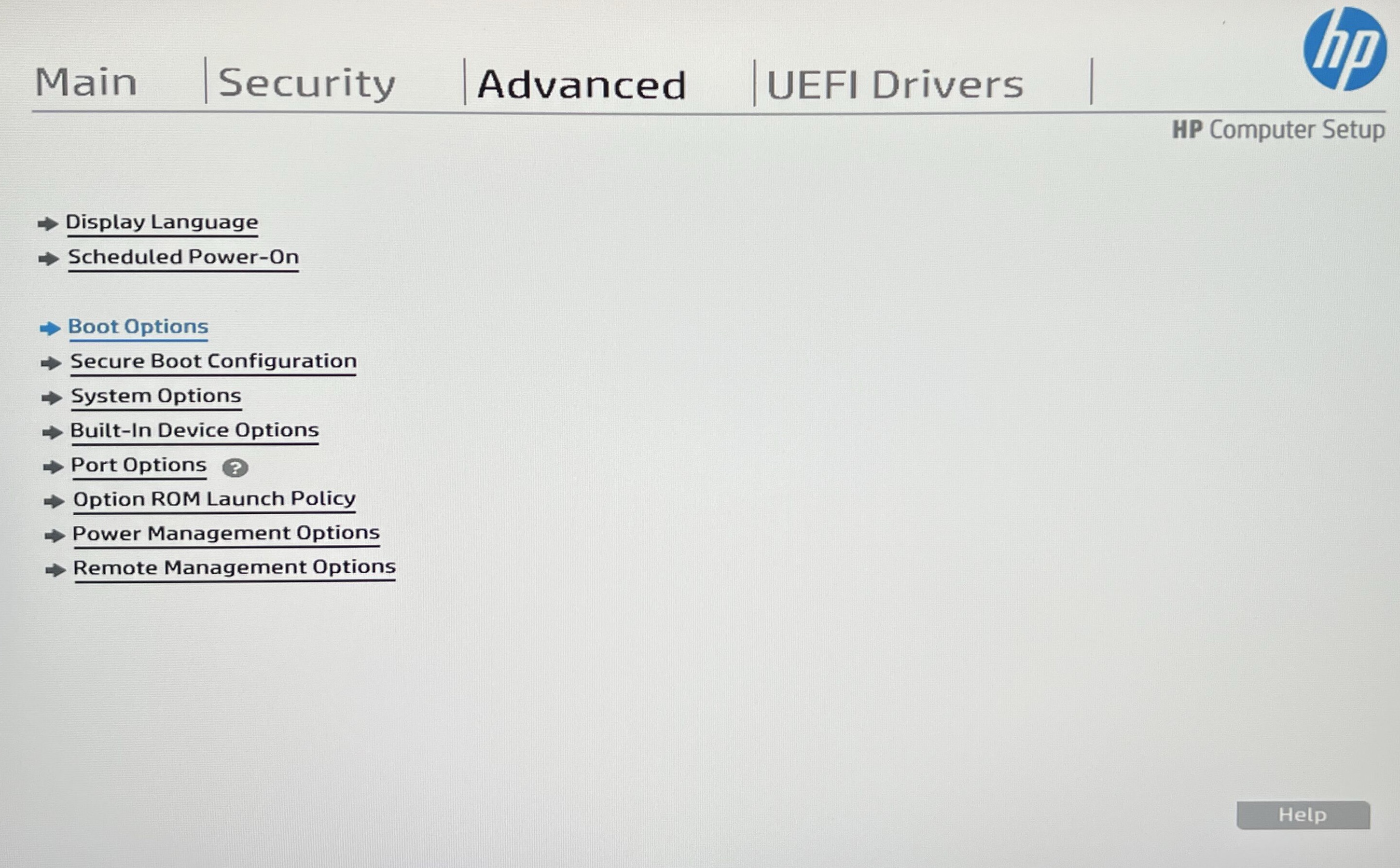 HP BIOS Advanced menu