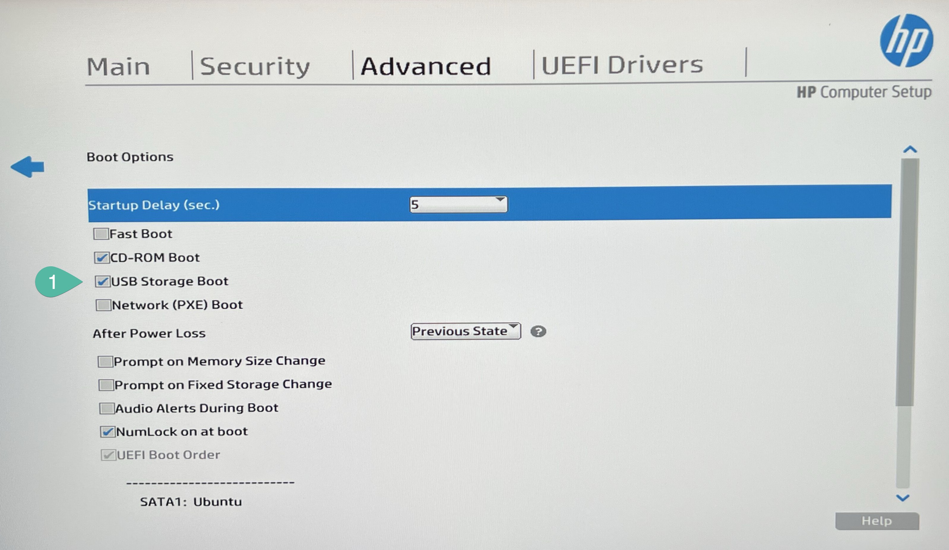 HP BIOS Boot options menu