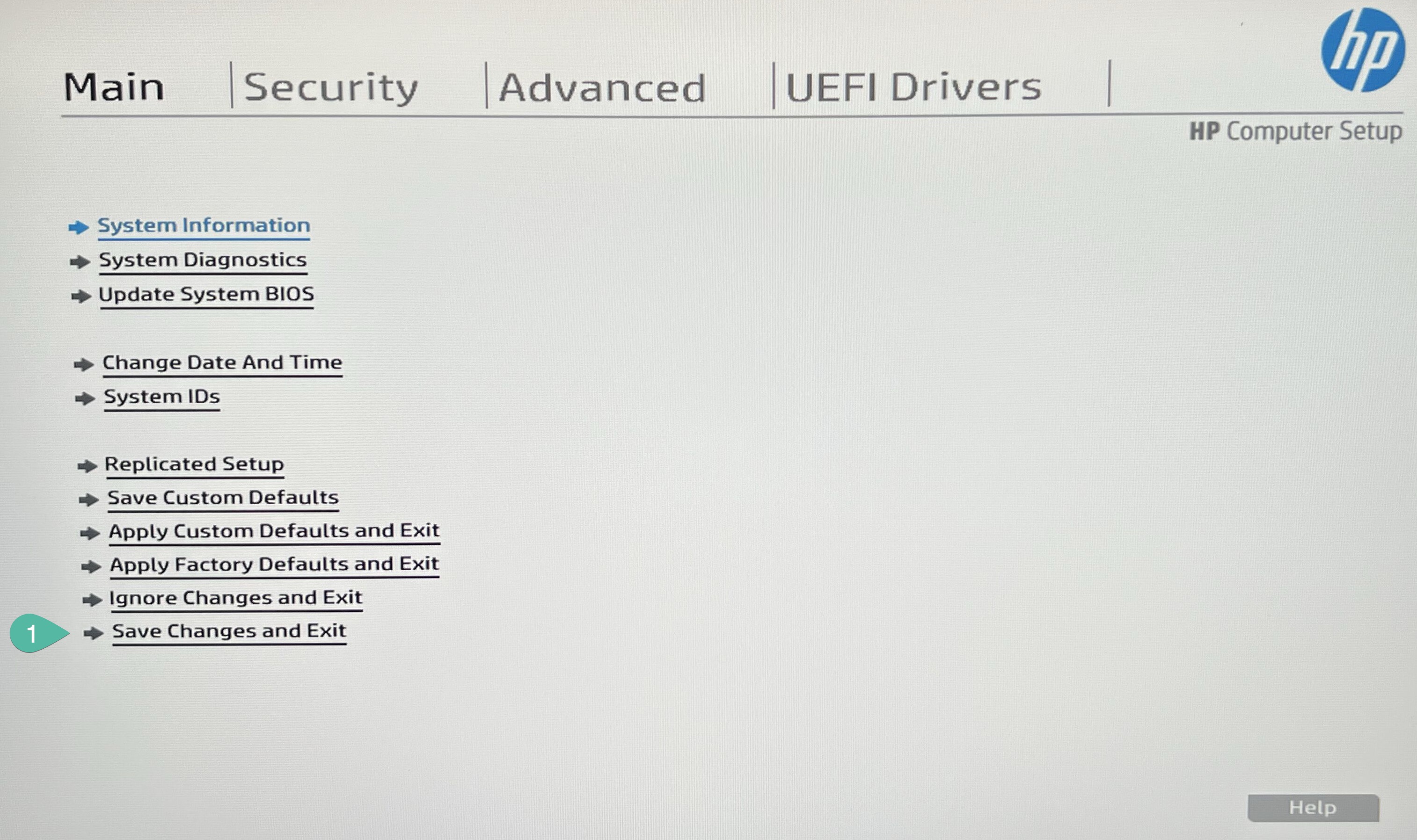 HP BIOS Main Menu - Save and exit