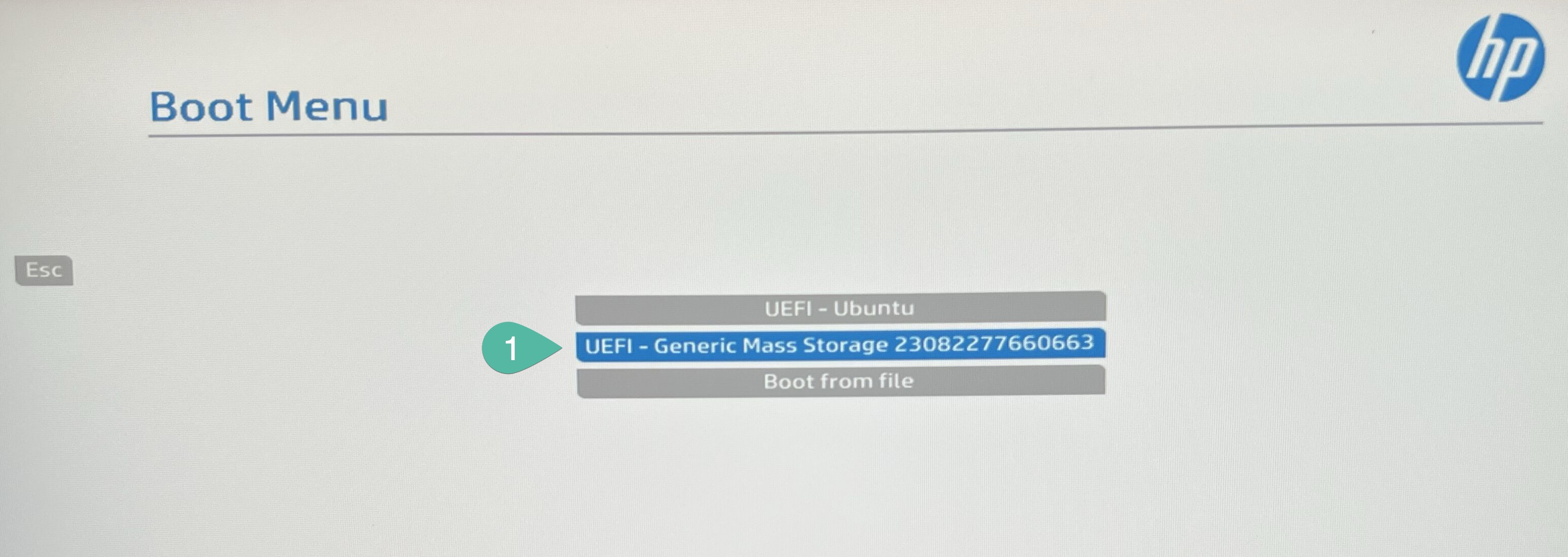 HP Boot menu - Select USB