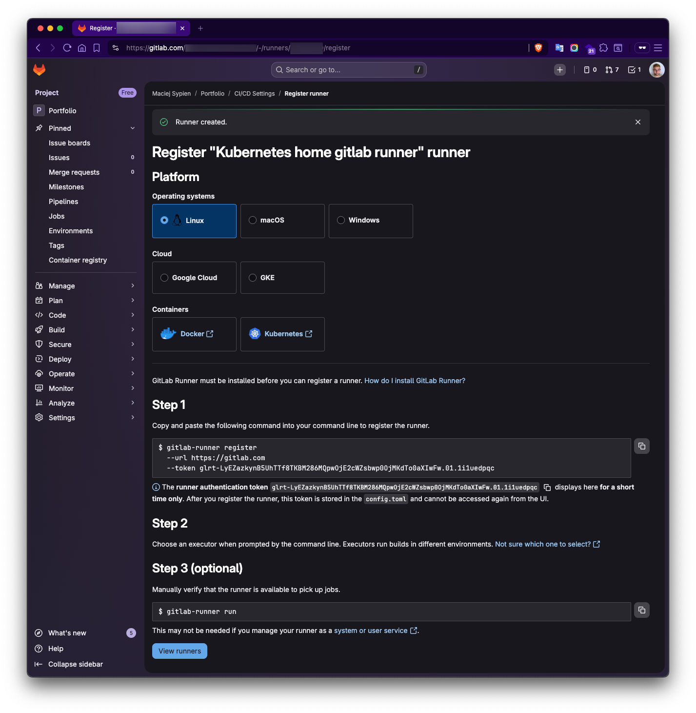 Gitlab Create new project runner token