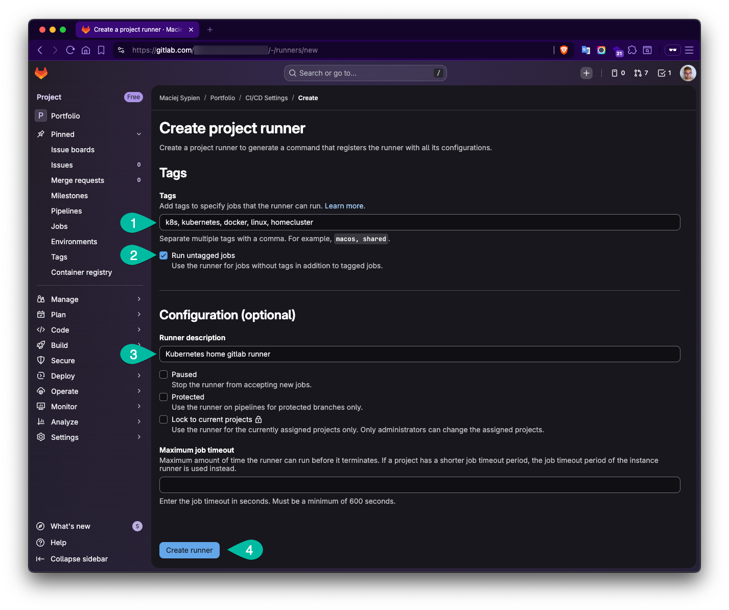 Gitlab Create new project runner